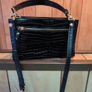 Valentina Croc Embossed Italian Leather Black Handbag